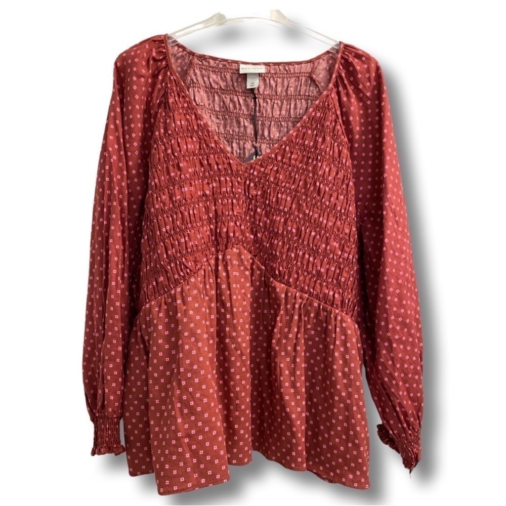 Ava & Viv V-Neck Smocked Balloon Sleeve Blouse 1X NEW